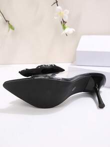 Dép lê cao gót mũi nhọn quai trong suốt đính nơ pha lê sang trọng dành cho nữ, màu đen, thích hợp cho tiệc tùng và mùa hè. - màu đen - Xem 8