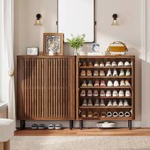 LITTLE TREE 29.53" 6-Tier Shoe Cabinet With Shutter Doors For Small Spaces,Retro Freestanding Shoe Organizer With Adjustable Shelves, Space-Saving Shoe Rack For Entryway Hallway Closet Apartment,Black&Dark Walnut - Dark Walnut - 查看 5