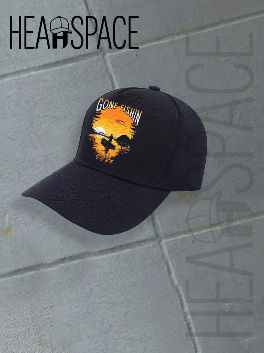 HEADSPACE  Baseball Cap, Unisex Style, 100% Cotton, Breathable And Comfortable. Adjustable Buckle Design Fits All Head Sizes. Suitable For Sports, Outdoor Activities, Indoor Use, Casual Wear And Various Occasions. Ideal Gift For Juneteenth, Father's Day, Mother's Day, Independence Day And The World Cup--Gone Fishin Sunset Fishing Hat With Silhouette Design For Outdoor Enthusiasts And Nature Lovers Casual Cap For Camping Hiking And Relaxing By The Lake - Black - View 1