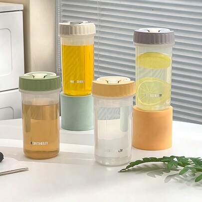 300毫升可重复使用塑料水瓶，带提手，便携防漏饮水杯，旅行运动水杯，保温杯，冷热皆宜，可盛装茶、牛奶、咖啡等饮品，微波炉加热豆浆杯，适合学生及成人使用，适用于学校、办公室、户外露营、野餐、返校季等场合。