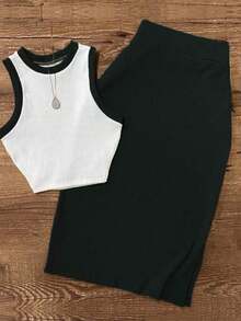 Conjunto de 2 piezas de camiseta sin mangas y falda larga de unicolor con ribete de contraste en estilo vintage elegante para resort, primavera/verano - Blanco y Negro - Ver 2