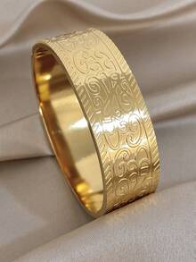 1pc Vintage Engraved Wide Bangle Bracelet For Women Chunky Stainless Steel Golden Bangle Bracelet For Party Mother Day Vacation Season Wedding Music Festival Valentine Christmas Jewelry Gifts - Multicolor - View 9