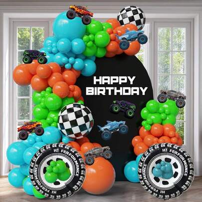 113pcs Monster Truck Themed Balloon Arch Set, Includes Tire Foil Balloons And Orange, Blue, And Green Latex Balloons. Perfect For Birthday Parties, Baby Showers, Outdoor Decorations, Game Decorations, And Monster Truck Themed Party Decorations.