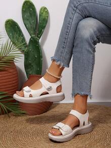 1 Pair Summer New Buckle Sandals, Sporty Style Wedge Heel, Lightweight Hook & Loop, Thick Sole Anti-Slip, Casual Versatile Beach Shoes - White - View 5