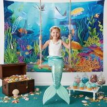 Under The Sea Backdrop Decorations - 7x5 Ft Underwater Little Mermaid Ocean Backdrop For Girl Boy Birthday Baby Shower Decorations Photo Booth Banner Background With Coral Tropical Fish Jellyfish - 水下 - 查看 2