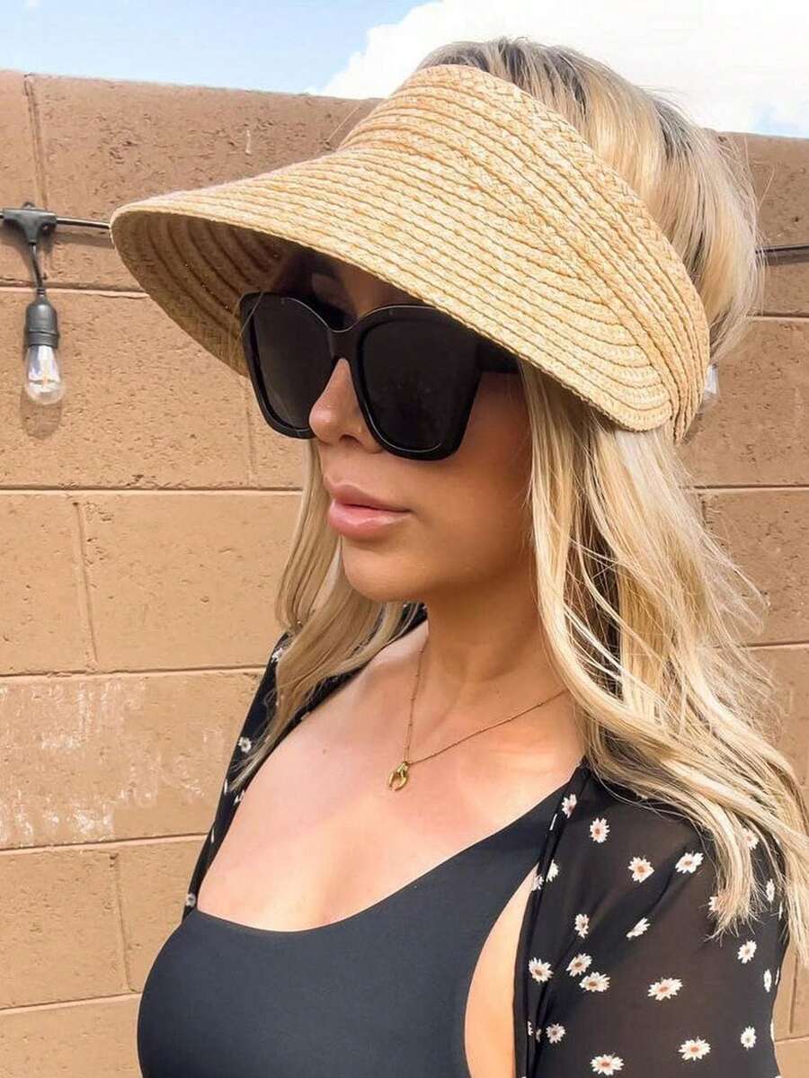 可调节拉菲草帽，男女通用防紫外线可折叠宽檐遮阳帽，休闲百搭波西米亚复古街头优雅风格，春夏款