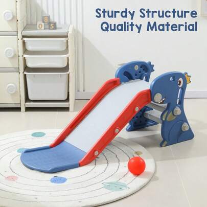 Foldable Dinosaur Toddler Indoor Slide Blue With Basketball Hoop & Stairs Easy Assembly Kids Play