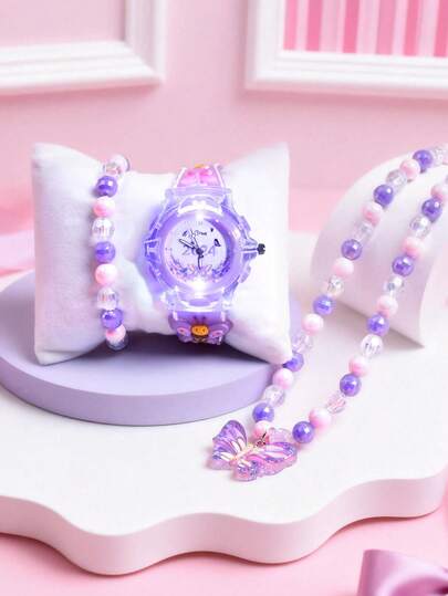 3pcs/Set Girls' Gift: 3D Butterfly Soft Silicone Band Children's Watch, Creative LED Luminous Quartz Student Watch, Luxury Acrylic Butterfly Necklace Bracelet Jewelry Set