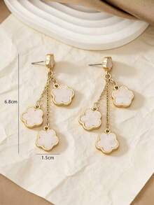 1 Pair Luxurious Retro Textured Lucky White Clover Multi-Layer Pendant Earrings With Long Tassel For Women - White - View 5