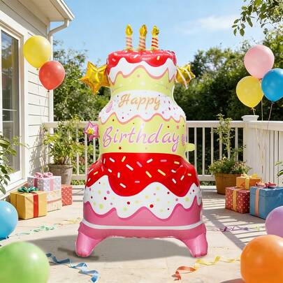 1pc/2pcs Oversized Standing Cake Red/Matte 3-Tier Cake, 197cm Giant Cake Shape Aluminum Foil Balloon, "HAPPY Birthday" Text, Suitable For Birthday Party Decoration, Party Scene Decor, Sweet Party, Birthday Party Decoration