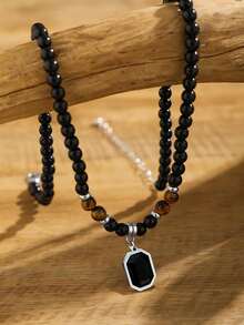 1pc Tiger's Eye Beaded Pendant Necklace With Black Square Rhinestone For Men - Multicolor - View 4