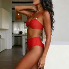 2pcs Solid Color Elegant Sexy Backless Beaded Bikini, Vacation Beach Wear, Summer Red - Red - View 6