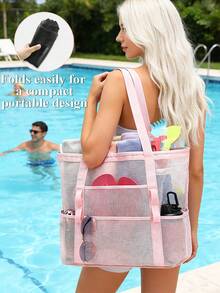 Mesh Beach Bag Large Tote Bag For Women Openwork Large-Capacity Swim Bag & Shoulder Bag Swimwear Storage Bag Foldable Handbag Toys Pool Bag Vacation - Multicolor - View 6