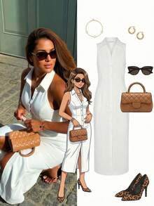 Women's Elegant Fashion Resort Style Solid Color Halter Neck High Slit Solid Color Single-Breasted Long Bodycon Maxi Dress, Elegant Lapel Cardigan Sexy Fitted Solid Color Maxi Dress White - White - View 4