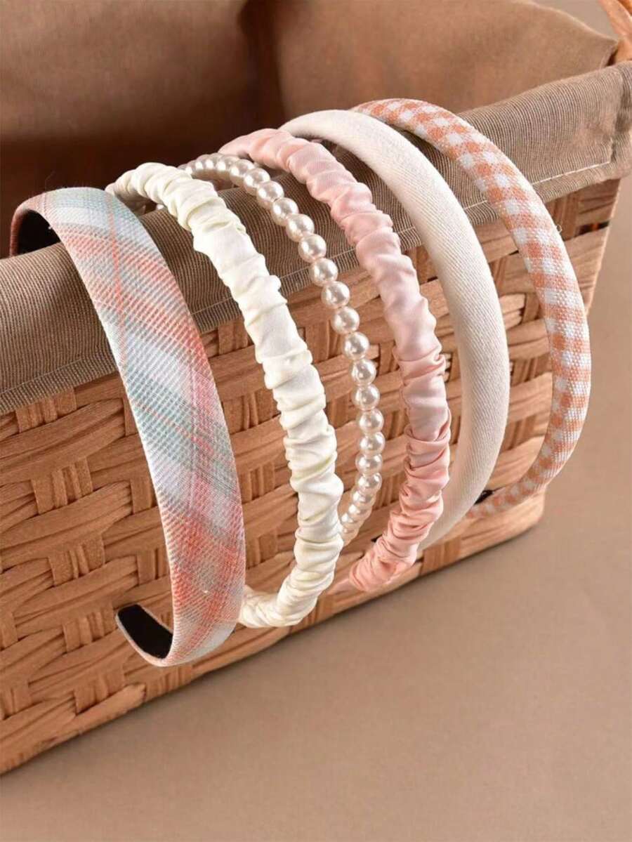6pcs/Set Women's Fashion Minimalist Fabric Faux Pearl Headbands Hair Accessories Hairband Hair Band Hair Hoop - Orange - View 1
