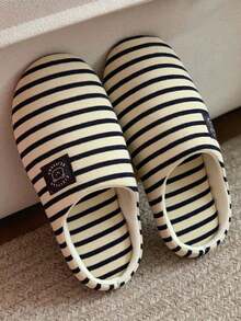 Pantufas listradas unissex, leves, silenciosas e com sola macia, bordado de urso, estilo retrô para ambientes internos, adequadas para todas as estações, pantufas casuais confortáveis e respiráveis. - Azul marinho - Ver 3
