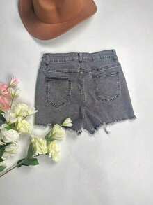 Women's Street-Style Washed Frayed Hem Stretchy Fitted Denim Shorts, Casual Daily Wear With Pockets, Suitable For Spring/Summer, Back To School - Light Grey 2 - View 8