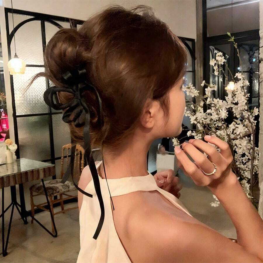 1pc Fashion Black Ribbon Bow Claw Clip Hair Claw Hairstyle Accessory For Women, Matte Finish Daily Use Bangs Clip - Multicolor - View 1