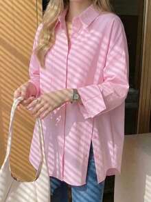 Chemise à boutons frontaux de couleur unie avec poche, convient pour la maison, le port quotidien, le printemps, l'automne, l'hiver Rose - Rose bonbon - Voir 4