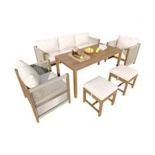 Garden Dining Set, Garden Lounge Chair Set, 6-Piece Set. Garden Furniture Including A 3-Seater Sofa, 2 Armchairs, 2 Stools, A Dining Table And A Beige Acacia Wood Tabletop. - Beige - View 10