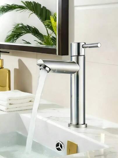 单孔不锈钢浴室水龙头，现代单把手单冷水面盆水龙头，拉丝表面，经典单冷水设计，安装简便，单孔安装，耐用金属结构，陶瓷阀芯和拉丝电镀，适用于厨房水槽和浴室水槽，现代厨房和家用浴室水龙头，是家居装修和节日礼品的理想之选。