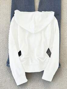 Chaqueta con capucha casual con cremallera frontal de unicolor y manga larga para mujer - Blanco - Ver 3