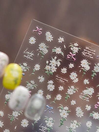 1pc Fresh Spring Daisy Nail Stickers, 5D Embossed Flower & Bow Nail Art Decals, Cute Manicure Decorations For Nail Salon & DIY