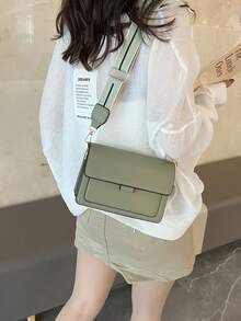 Fashionable Minimalist Flap Shoulder Strap Crossbody Bag - Olive Green - View 2