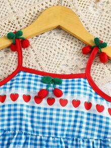 Girls' Sleeveless Strawberry Plaid Suspender Dress, Children's Casual A-Line Sundress, Suitable For Beach, Vacation And Birthday Party - Blue and White - View 4