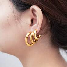Bộ 3 đôi khuyên tai vòng bằng thép không gỉ, kiểu dáng hình chữ C phóng khoáng, hình tròn dày, họa tiết hình học, thích hợp đeo hàng ngày cho nữ. - Vàng - Xem 2
