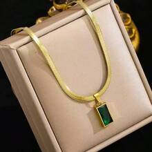 Bộ 3 món dây chuyền và bông tai bằng thép không gỉ hình vuông đính pha lê xanh và đá Cubic Zirconia, trang sức thời trang mới, không phai màu, phù hợp cho nam, nữ và bé gái đeo hàng ngày. - Vàng - Xem 4