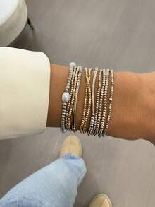 11pcs Fashion CCB Gold & Silver Pearl Multi-Layer Elastic Bracelet Set, Stackable Jewelry For Women, Suitable For Daily, Vacation, Party - Multicolor - View 7