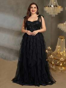 BluePlum Plus Size Layered Mesh Ruffle One-Shoulder Pleated Sequin Patchwork Herringbone Vintage Formal Gown Black Wedding Party - Black - View 2