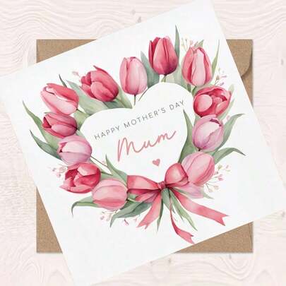 2 sets de tarjetas del Día de la Madre, corona de corazón con acuarela de tulipanes florales, tarjeta de felicitación Feliz Día de la Madre