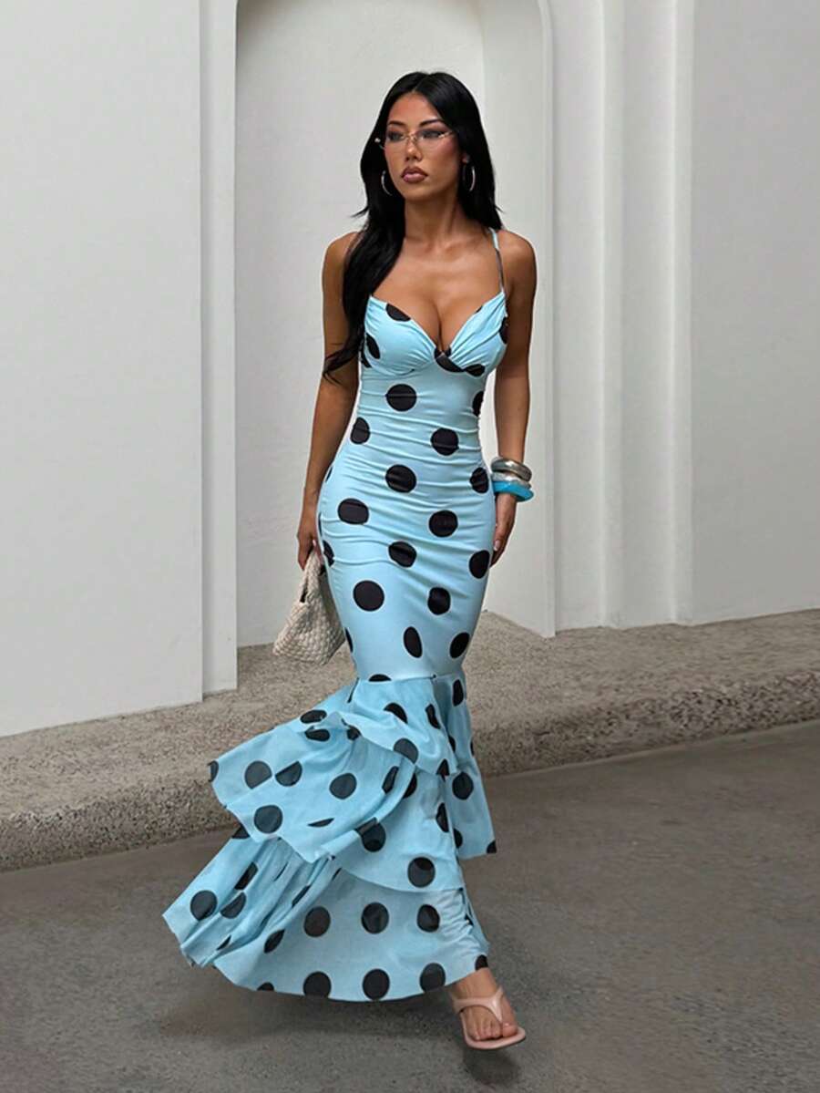一件休闲性感露背荷叶边波点印花长裙，波西米亚针织面料，适合度假、海滩、约会、夏季穿着，优雅时尚。 - 淺藍色 - 查看 1