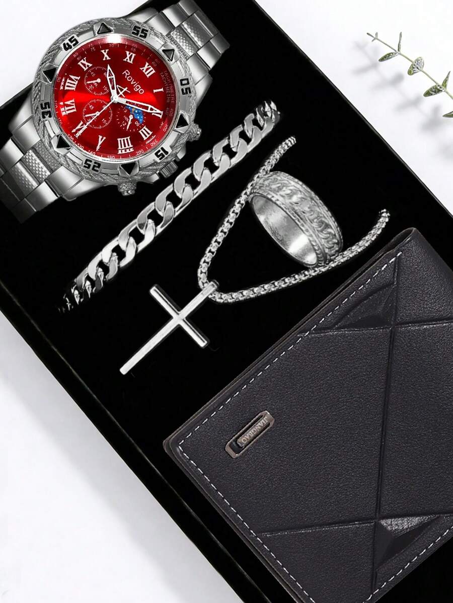 5件組極簡商務男士石英手錶,男士粗獷風格多功能石英手錶配件組,包含1款銀色鋼帶紅色羅馬數字男士石英手錶、鏈銀色手鍊、銀色十字架吊墜長鏈、刻花銀戒、黑色壓紋皮革錢包。以酷感銀色金屬與深藍色為核心配色,壓紋金屬錶帶確保優質佩戴體驗 - 銀色 - 查看 1