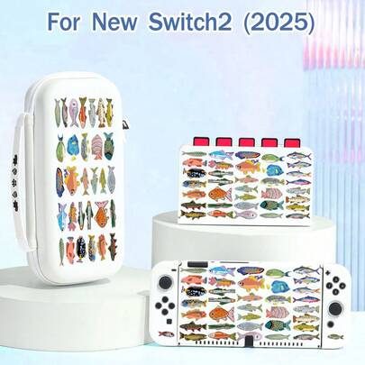 1个极简热带鱼图案Switch保护壳，兼容Switch 2 (2025)，适用于Switch OLED/Switch NS/Switch Lite，带收纳袋和卡槽，Switch主机保护套，Switch玩家的最佳礼物