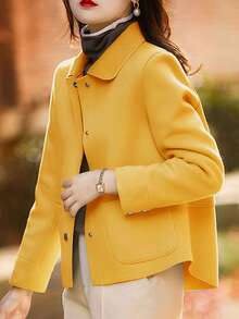 Áo khoác cardigan dài tay cổ ve lật kiểu dáng thanh lịch châu Âu và Mỹ dành cho nữ mùa thu đông, áo khoác len trơn màu phong cách Pháp thường ngày, thích hợp mặc hàng ngày. - gừng - Xem 4