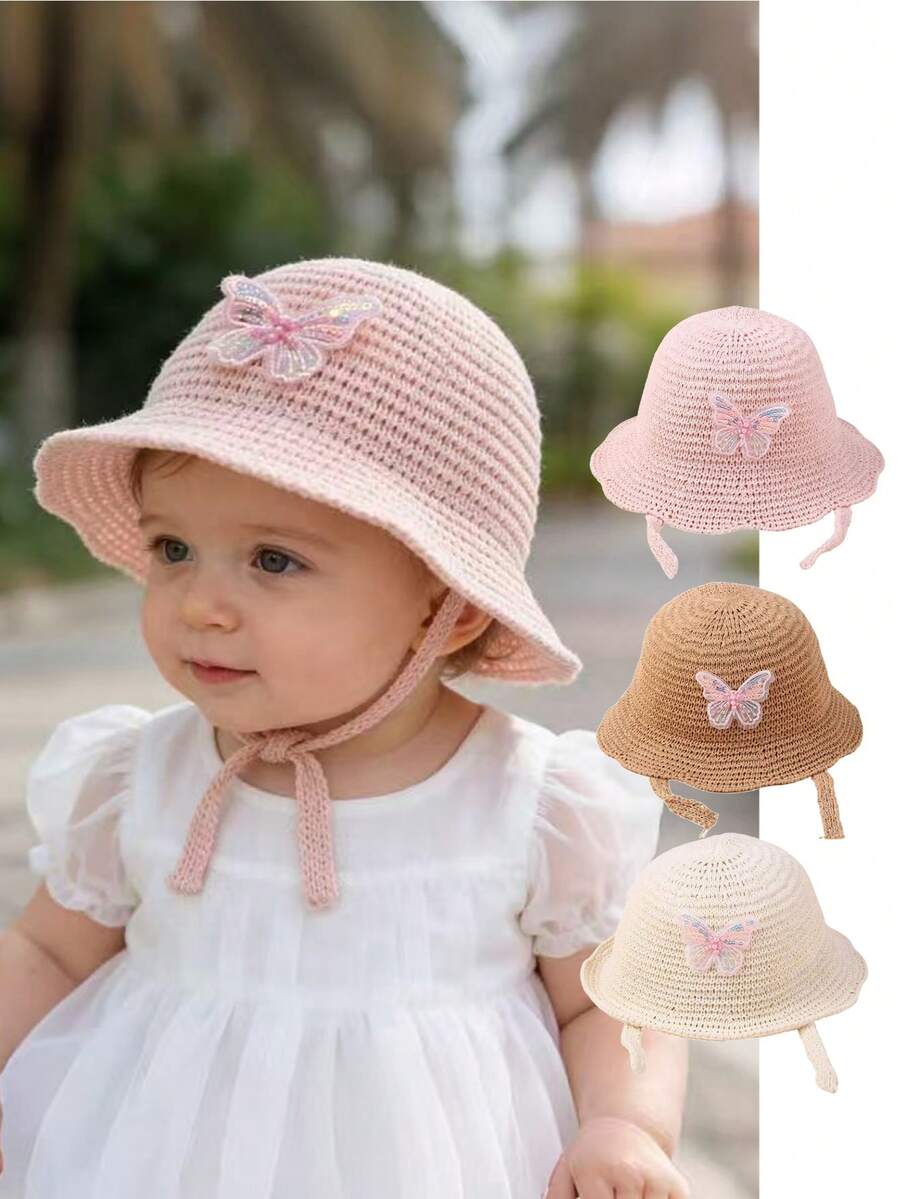 1 chiếc mũ chống nắng vành rộng mùa hè cho trẻ em, họa tiết nhỏ, mũ chống nắng cho bé khi đi biển và hoạt động ngoài trời, unisex. - Bươm bướm - Xem 1