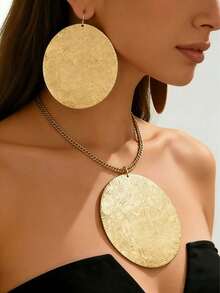 2pcs Set Luxury Textured Gold-Plated Large Disc Earrings + Necklace Suit, Elegant Party/Work Jewelry For Women - Yellow Gold - View 2