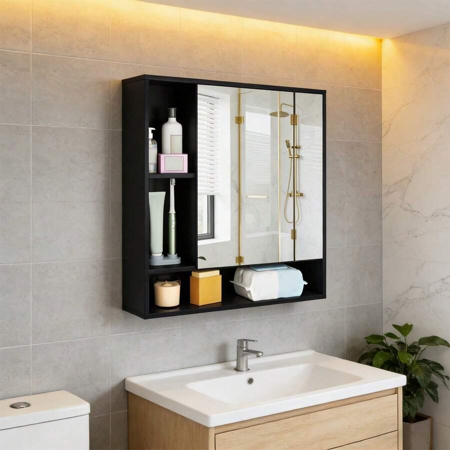 Wall Mounted Bathroom Cabinet With Mirror Single Door 3-Position Adjustable Shelf Hidden And Open Storage For The Bathroom, Living Room Or Entryway - Black - View 1