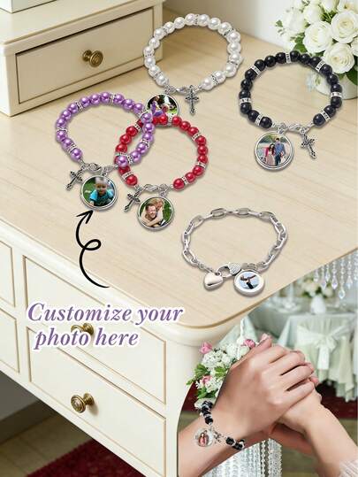 Customized Beaded Bracelet, Can Be Customized With Photo, Comes With Cross Pendant, Personalized Jewelry Accessory Suitable For Both Men And Women, Elegant Personalized Gift Ideal For Birthday, Valentine's Day And Mother's Day, Perfect Gift Choice For Women, Couples And Families.