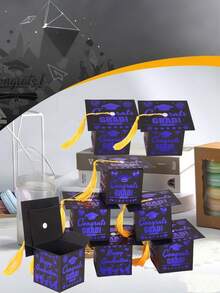 Hộp kẹo hình mũ tốt nghiệp (50/15 chiếc/1 chiếc), đồ dùng tiệc tốt nghiệp 2025, hộp kẹo quà tặng tốt nghiệp phù hợp cho tiệc tốt nghiệp. - Dây thừng màu xanh lam và vàng kim + màu vàng - Xem 9