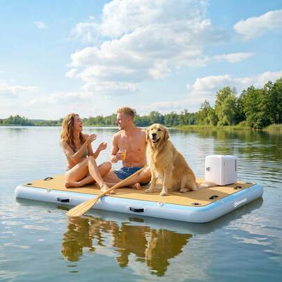  Outsunny Aufblasbares Dock Schwimmdock 2,4x1,8m Aufblasbar Schwimmende Plattform für 4-6 Personen mit Rutschfest Oberfläche Abnehmbarer Leiter Luftpumpe Tragetasche Wasser Dockplattform für See Pool