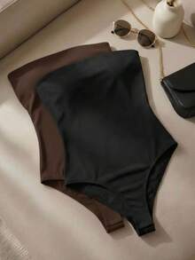Set Of 2 Strapless Sleeveless Basic Casual Versatile Bodysuits In Spandex Fabric With Padded Cups For Everyday Use - Black and Brown - View 1