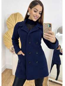 Women's Long-Sleeved Woolen Jacket/Coat For Winter, Fashion Blogger, Buttons, Overcoat - Navy Blue - View 1