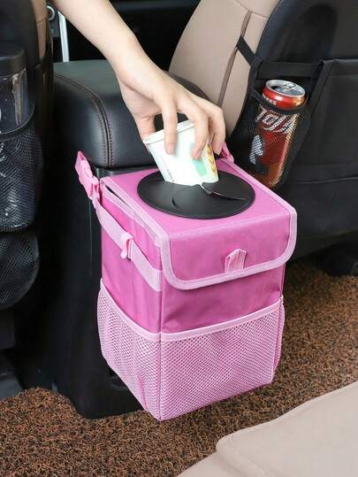 1pc Car Trash Can | Waterproof Leak-Proof Covered Car Storage Box | Multi-Functional Car Organizer With Pocket | 2 Gallon Capacity | Portable Spill-Proof Garbage Can | Creative & Practical Car Storage Solution | Women's Car Interior Accessories, Female Car Accessories, Car Essentials, Pink Car Accessories, Pink Car Supplies, Car Decor