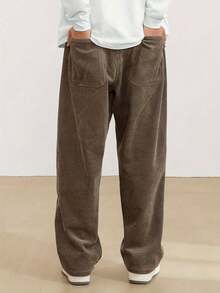 Men's Casual Corduroy Trousers With Drawstring, All-Season Comfort, Polyester Blend, Loose Fit For Casual Wear - màu nâu - Xem 3