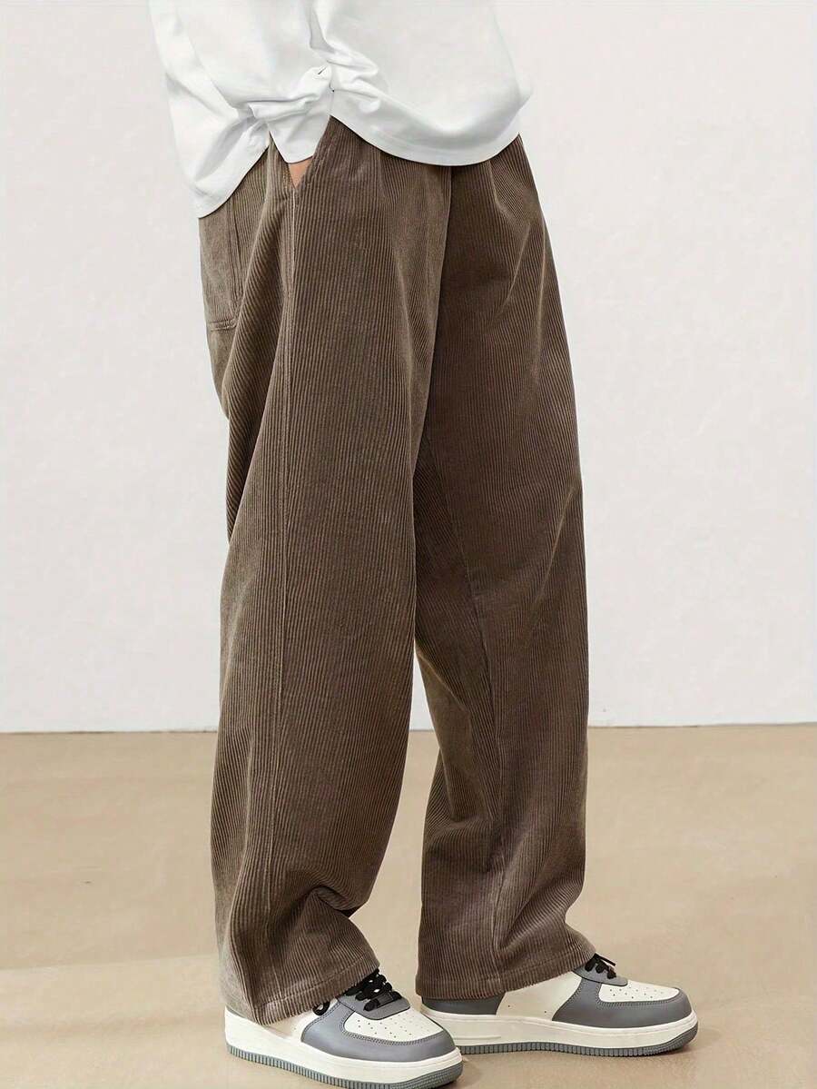 Men's Casual Corduroy Trousers With Drawstring, All-Season Comfort, Polyester Blend, Loose Fit For Casual Wear - màu nâu - Xem 1