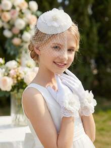 Bộ 2 món: Khăn voan lưới trắng cài đầu đính nơ đá + Găng tay nơ cho bé gái và thiếu niên, Mũ mini lưới trắng, Phụ kiện chụp ảnh cưới, Trang trí cưới, Phụ kiện chụp ảnh tiệc, Phụ kiện cưới, Vòng hoa, Hoa cài cổ tay, Bộ đồ cho cha mẹ và con cái - trắng - Xem 5